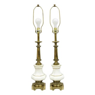 Vintage Stiffel Empire Style Burnished Brass & Porcelain Table Lamps (C) - Pair For Sale