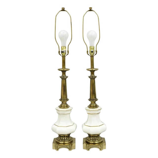 Vintage Stiffel Empire Style Burnished Brass & Porcelain Table Lamps (C) - Pair For Sale