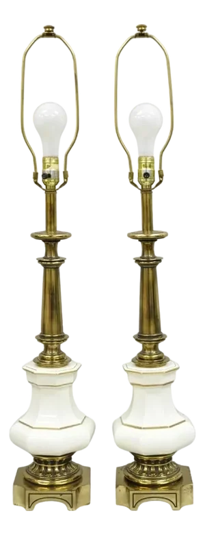 Vintage Stiffel Empire Style Burnished Brass & Porcelain Table Lamps (C) - Pair