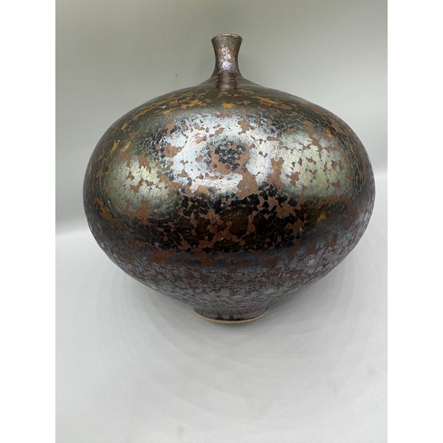 Mid-Century Modern Mid 20th Century Gun Metal Black Metallic Ceramic Pottery Weed Vase After Doyle Lane For Sale - Image 3 of 6