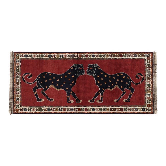 Vintage Gabbeh Persian Runner, Red With Twin Lion Pictorials - Rug & Kilim For Sale