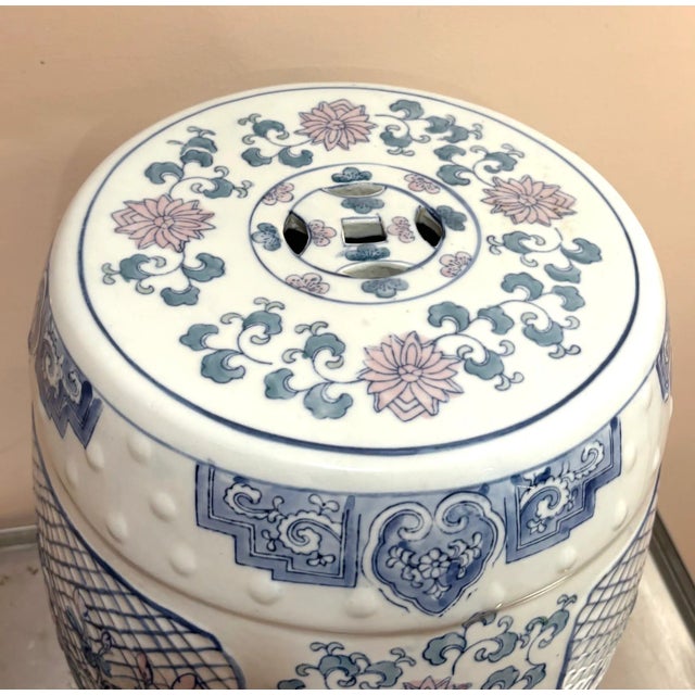 White/Blue/Pink Ceramic Chinese Garden Stool For Sale - Image 6 of 7