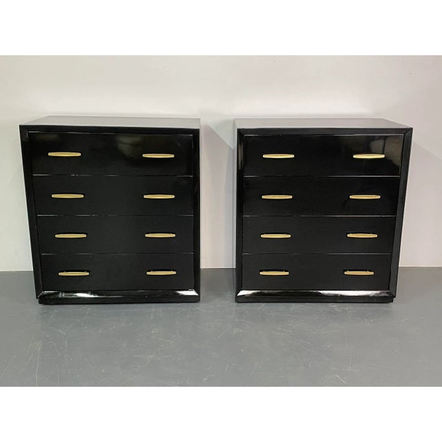 Pair of Mid Century Modern Ebony Chests, Lacquered Dressers, Brass Pulls A Fine Pair of Recently Black Lacquered Chests or...