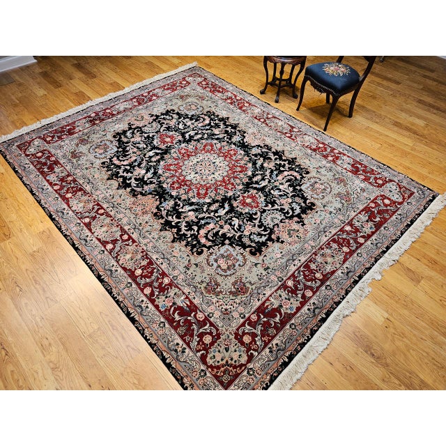Textile Vintage Persian Tabriz Rug, Hand-Knotted Wool & Silk, Floral Garden Pattern, Black & Red, 8x10 For Sale - Image 7 of 18