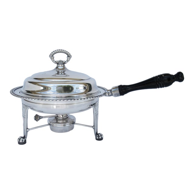 Circa 1970's Silver-Plate Lion Claw-Footed Platform Covered Serving Chapin Dish With Ebony Handle & Heating Element For Sale