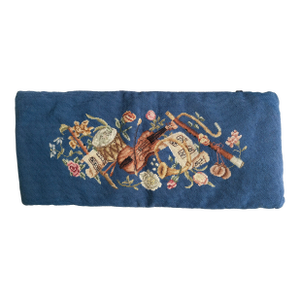 Mid-Century Vintage Needlepoint “Musical Ensemble” Lumbar Pillow With Cobalt Velvet Back | 30”