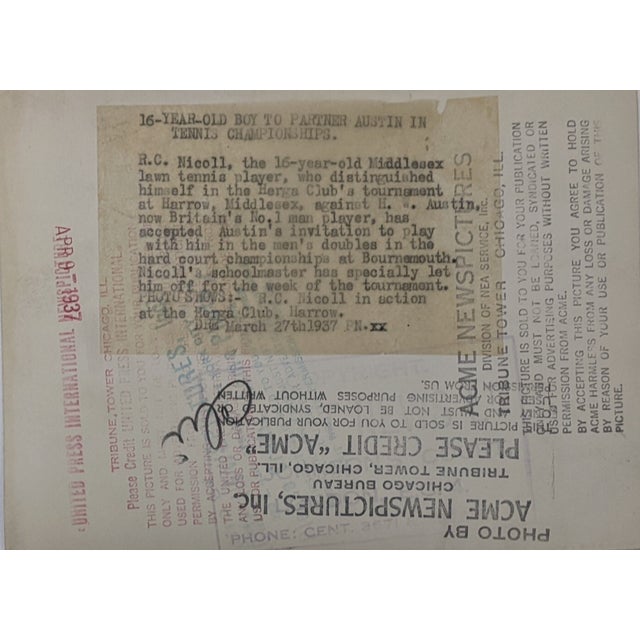 1937 black and white photograph of 16 year old R.C. Nicoll playing at the Herga Tennis Club in Harrow, a famous lawn...