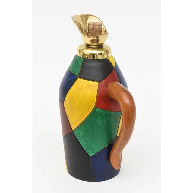 Mid-Century Modern Vintage Italian Aldo Tura Style Colorful Painted Wood and Brass Cork Decanter/ Jug Barware For Sale - Image 3 of 10