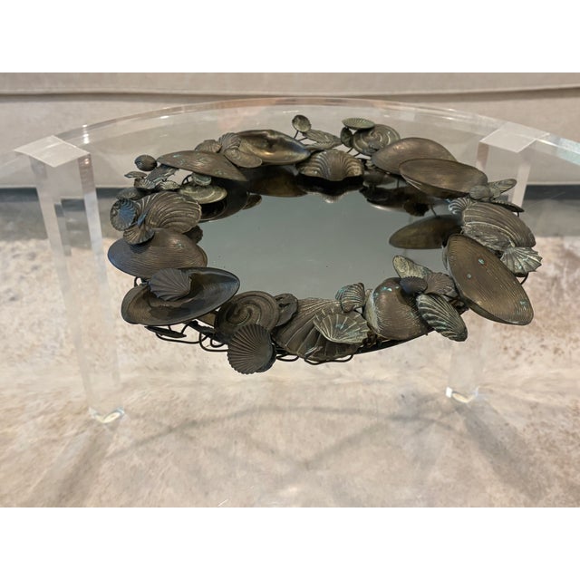 Metal Vintage Coastal Palm Beach Style / Dresden Style Patinated Brass Seashell Mirror For Sale - Image 7 of 13