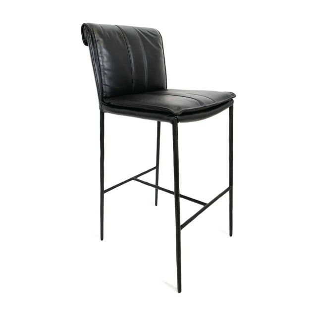 Beautiful top grain black leather bar stool. Solid and sturdy black iron frame and legs with double seat cushion and roll...