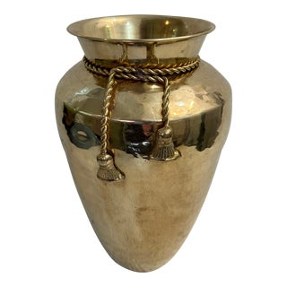 Vintage Hosley Hammered Brass Vase With Rope and Tassel Trim For Sale