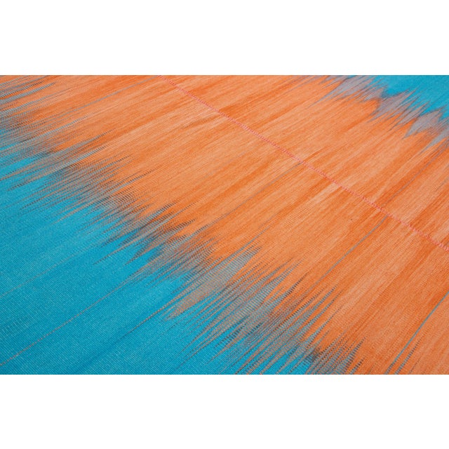 Modern Kilim Flatweave Abstract Designed Blue and Orange Wool Rug For Sale - Image 9 of 10