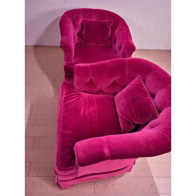 Pink Vintage Mid Century Velvet Tufted Back Barrel Arm Chairs ~ a Pair For Sale - Image 8 of 10