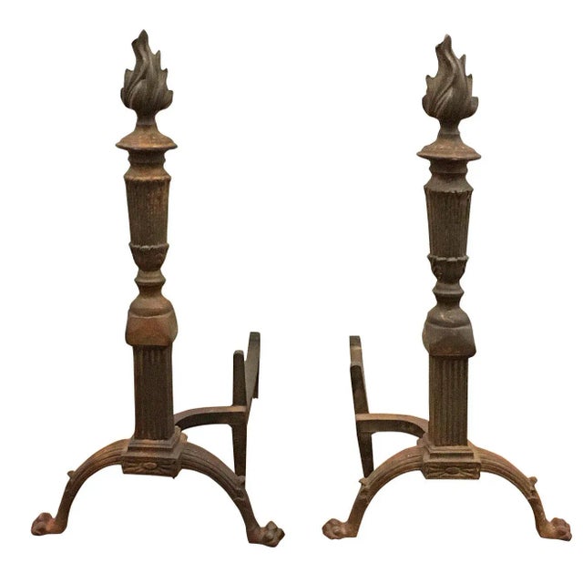 Andirons Antique Brass With Flame Torch Design - A Pair For Sale - Image 4 of 4