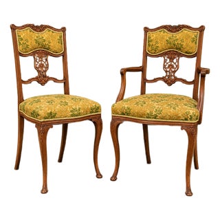 Antique Rococo Revival Salon Chairs — Matching Armchair and Side Chair, Circa 1900 For Sale