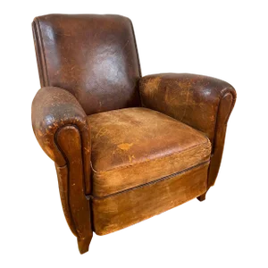 Antique French Leather Club Chair Distressed