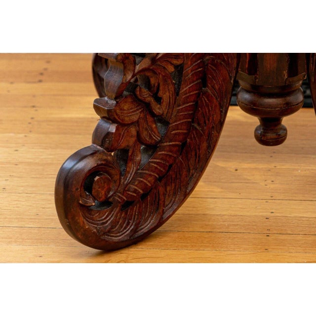 Contemporary Mid 20th Century Heavily Hand-Carved Accent Table With Oval Tinted Glass Top For Sale - Image 3 of 8