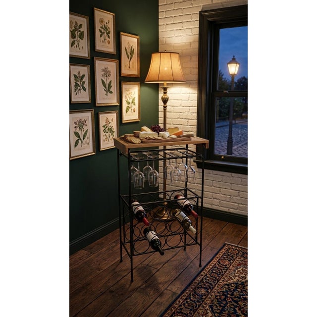 Mid 20th Century Vintage Mid-Century Modern Wrought Iron Wine Rack & Bar in the Style of Arthur Umanoff, With Detachable Bamboo Cheese Board For Sale - Image 5 of 7