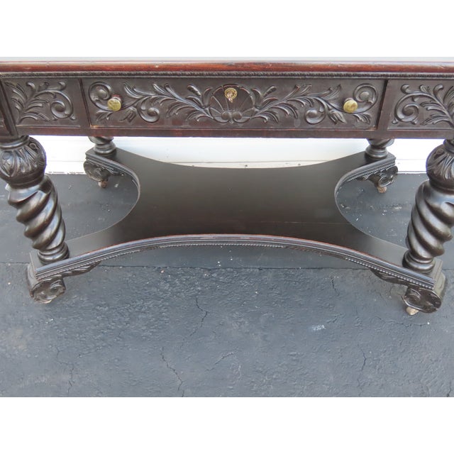 Early 1900s Heavy Carved Tiger Oak Library Console Table Partner Desk 6571a For Sale - Image 13 of 18