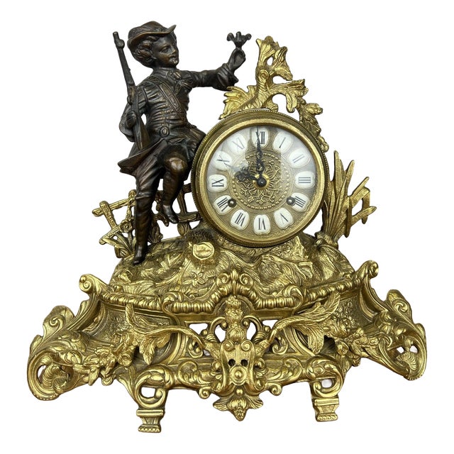 Vintage Style Brass Figurine Mantel Clock For Sale