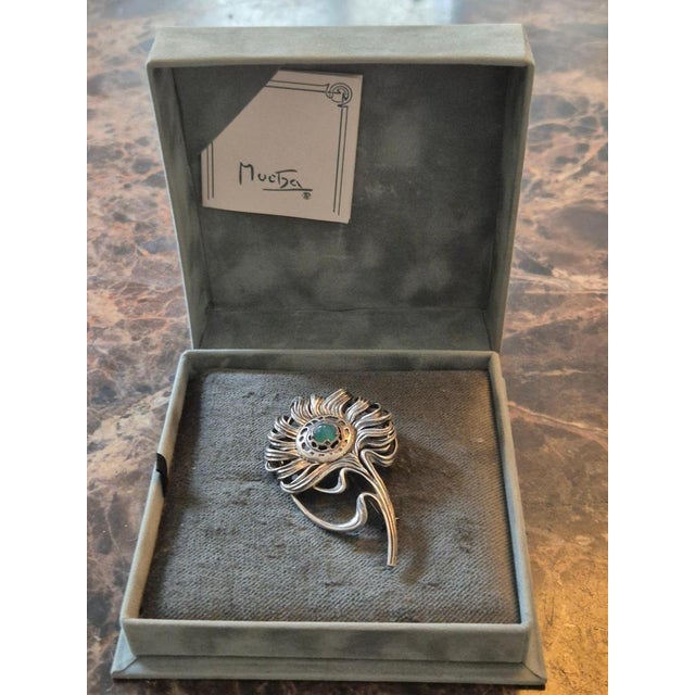 Peacock Feather No. 16/1000 Brooch in Silver & Chrysoprase in the style of Alphonse Mucha, 1992 For Sale - Image 15 of 16