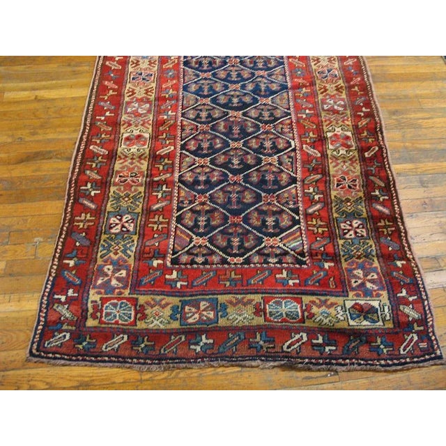 1900s Navy Geometric Tribal Antique Persian Kurdish Rug 3'11" X 9'7" Knotted Wool Carpet For Sale - Image 4 of 9