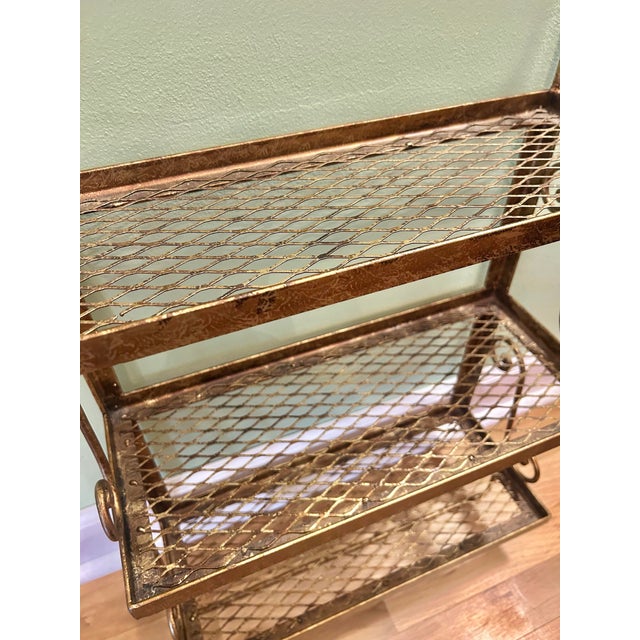 Metal Vintage Hollywood Regency Gilt Metal 3-Tier Wall Shelf With Towel Bar For Sale - Image 7 of 11