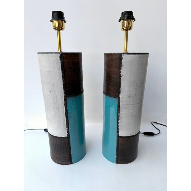 Mid-Century Pair of Ceramic Lamps Mondrian by Bitossi. Italy, 1990s For Sale - Image 6 of 13