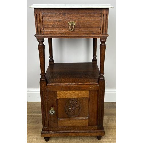 French Bedside Tables in Carved Oak with Marble Top, Set of 2 For Sale - Image 4 of 16