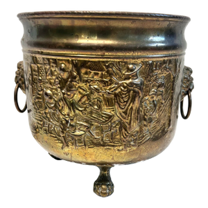 Vintage English Brass Cachepot Coal Bucket With Lion Heads and Rings