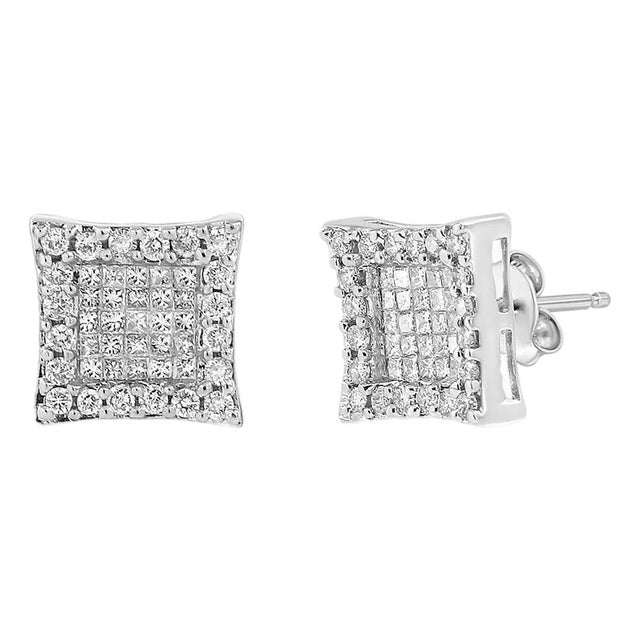 18K White Gold 1.00 Cttw Round and Princess-Cut Diamond Halo Square Stud Earring (G-H Color, SI1-SI2 Clarity) For Sale