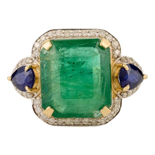 6.53 Carat Emerald Sapphire & Diamond 14k Gold Vintage Statement Ring Size 7.5 For Sale