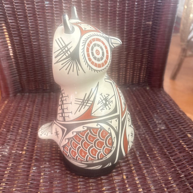 The featured object is a Mata Ortiz polychrome owl effigy pottery piece, handcrafted and free-hand painted by master...