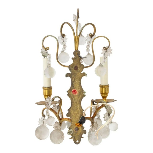 Metal Italian Brass and Crystal Two-Branch Wall Sconces, Pair For Sale - Image 7 of 8