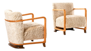 Art Deco Scandinavian Easy Chairs in Birch and Sheepskin, 1930s, Set of 2