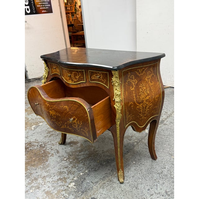 French Louis XV Style Bombe Marquetry Commode, Vintage For Sale - Image 3 of 12