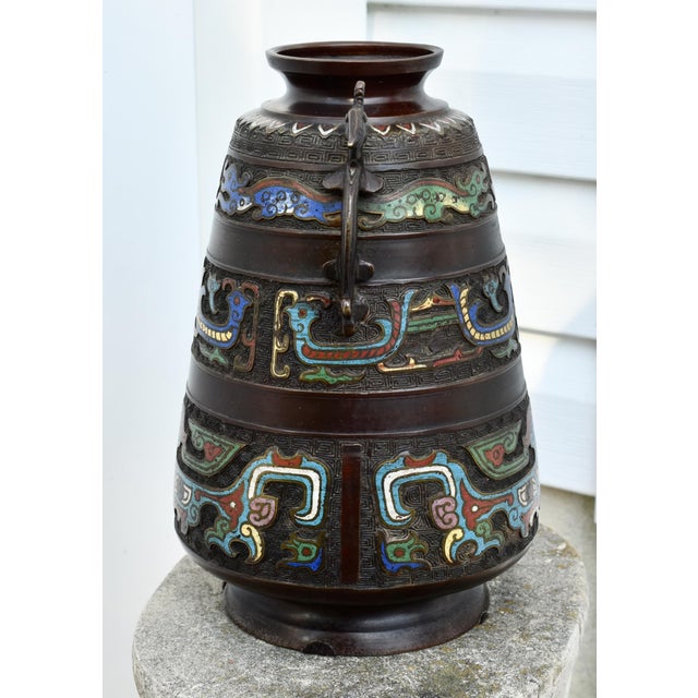Japanese Antique Japanese Shaped Vase Bronze & Champleve Enamel Base For Sale - Image 3 of 12