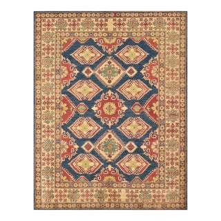 Kazak Rug 6'2'' X 7'10'' Blue Wool Tribal Geometric Hand-Knotted Oriental Carpet For Sale