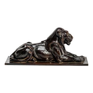 Art Deco Style Antique Recumbent Lion Cast Metal Statue Sculpture Home Decor For Sale