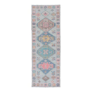 Colorful Modern Oushak Runner With Diamond Medallions and Multi-Tier Border For Sale