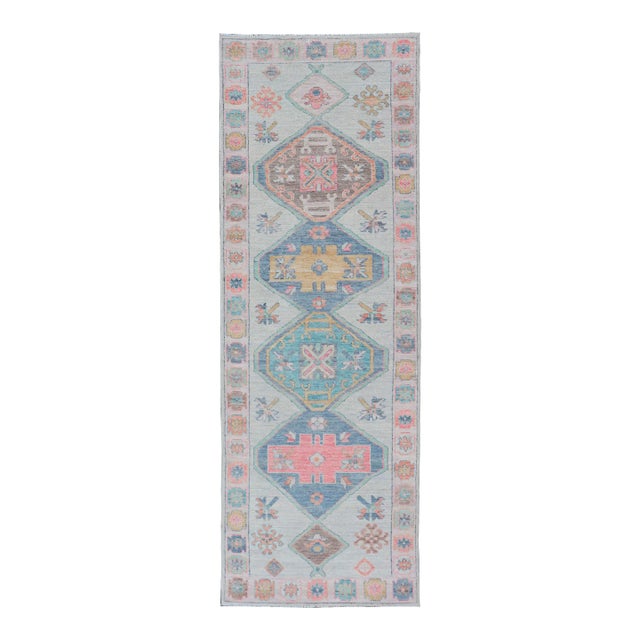 Colorful Modern Oushak Runner With Diamond Medallions and Multi-Tier Border For Sale