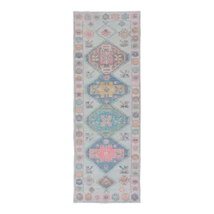 Colorful Modern Oushak Runner With Diamond Medallions and Multi-Tier Border