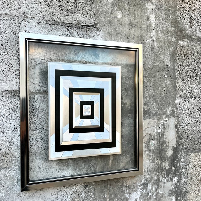 Vintage 1970s Op-Art Geometric Black and Silver Foil Framed Print. For Sale - Image 4 of 15