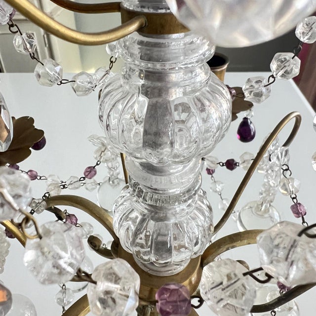 French 1920s Beautiful 5-arm French Girandole crystal candelabra with purple accents // table chandelier // brass and crystal candle holder // amethyst For Sale - Image 3 of 12