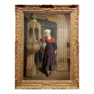 Paul Seignac-The Young Girl & the Blessing of the Holy Water-19th Century Oil Painting