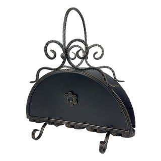 Hand Forged Iron Newspaper & Magazine Rack (54cm) Antique Gold Scroll Design with Arched Handle For Sale