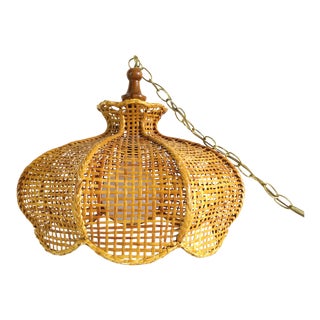 1970s Boho Chic Wicker Rattan Swag Lamp For Sale