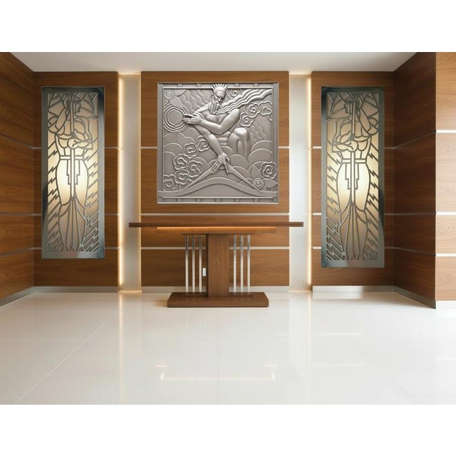 A commanding 51-inch square bas relief panel depicting Zeus, the king of the Olympian gods, rendered in the heroic...