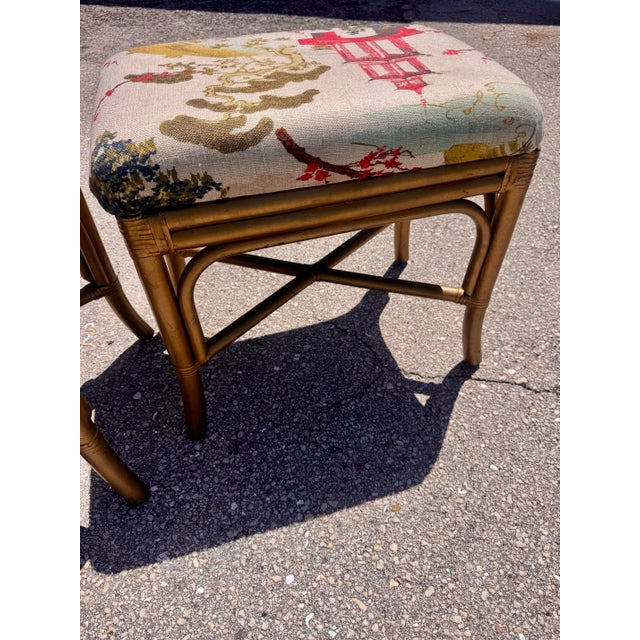 Hollywood Regency Pair of Vintage Painted Gold Bamboo Stools in Regal Fabrics “Zen Toile” Upholstery For Sale - Image 3 of 11