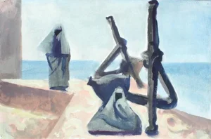 A 1940s Watercolor of Two Shrouded Figures by the Sea by Artist Andre Delfau